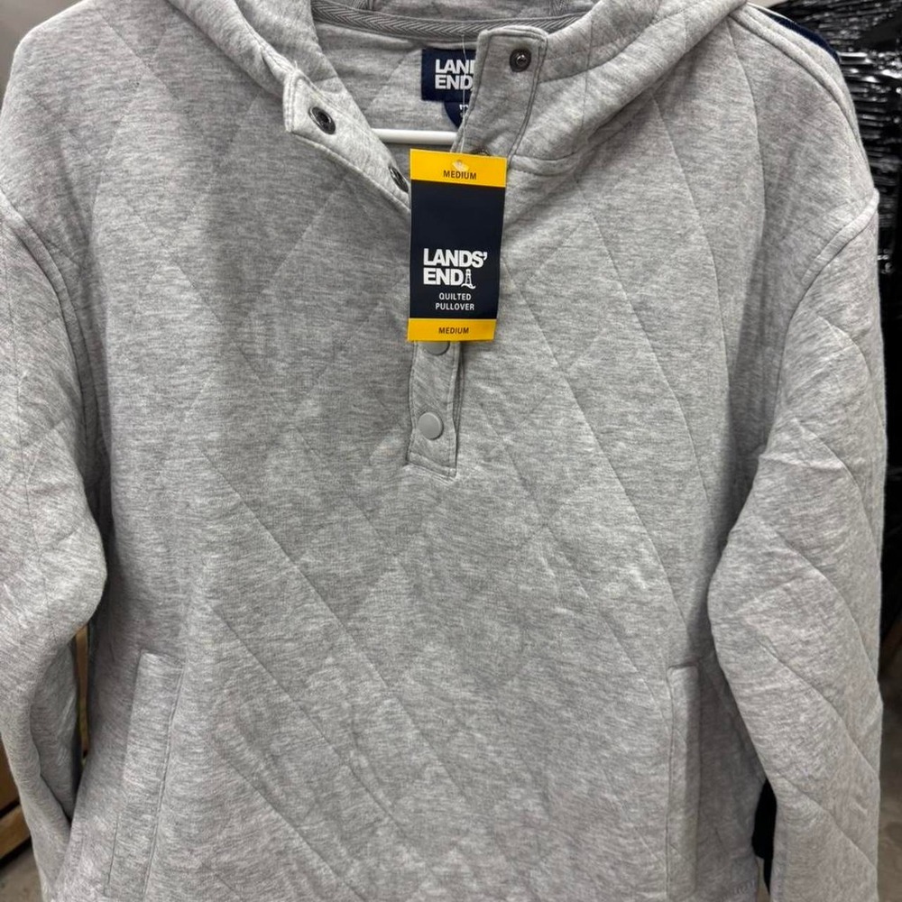 Lands' End Quilted Pullover Hoodie Gray Heather Diamond Quilt NWT Size Medium